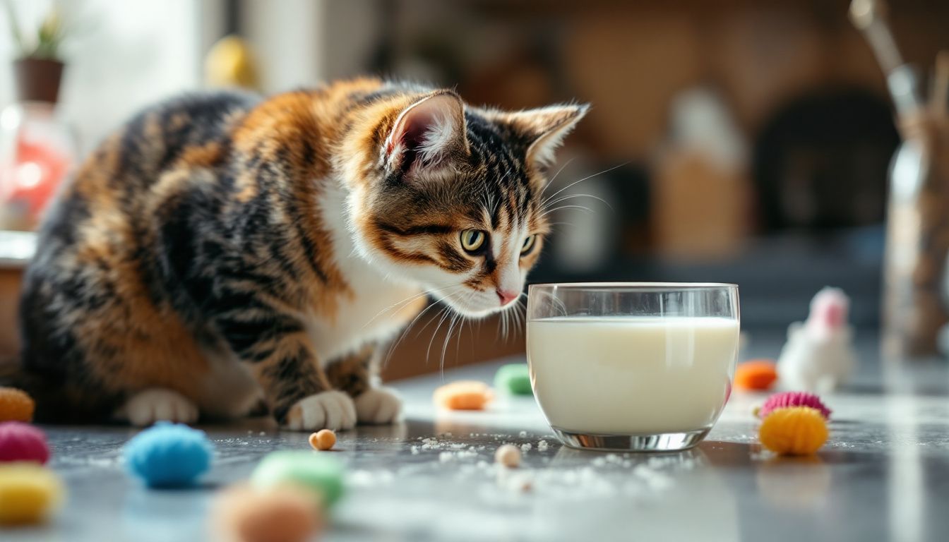 'Een nieuwsgierige kat snuift voorzichtig aan een glas karnemelk op het aanrecht.'