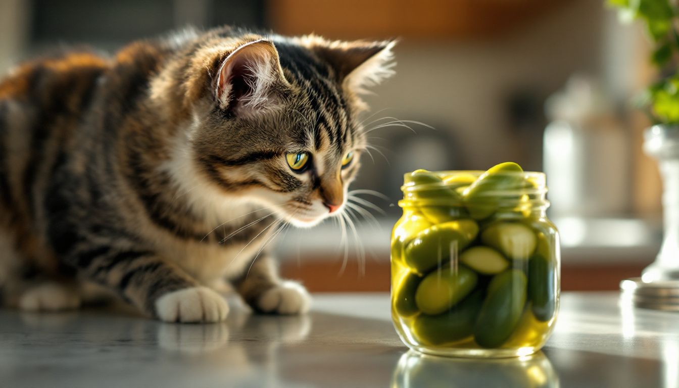Een kat snuffelt voorzichtig aan een potje augurken op het aanrecht.