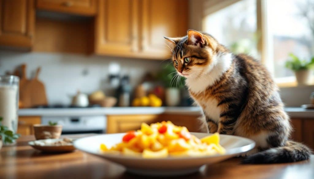 Een nieuwsgierige kat zit op het aanrecht en kijkt naar pasta.