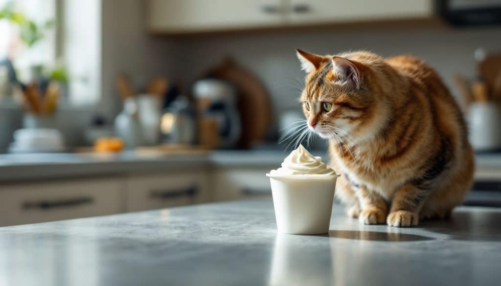 Een nieuwsgierige kat kijkt naar een kopje slagroom op het aanrecht.