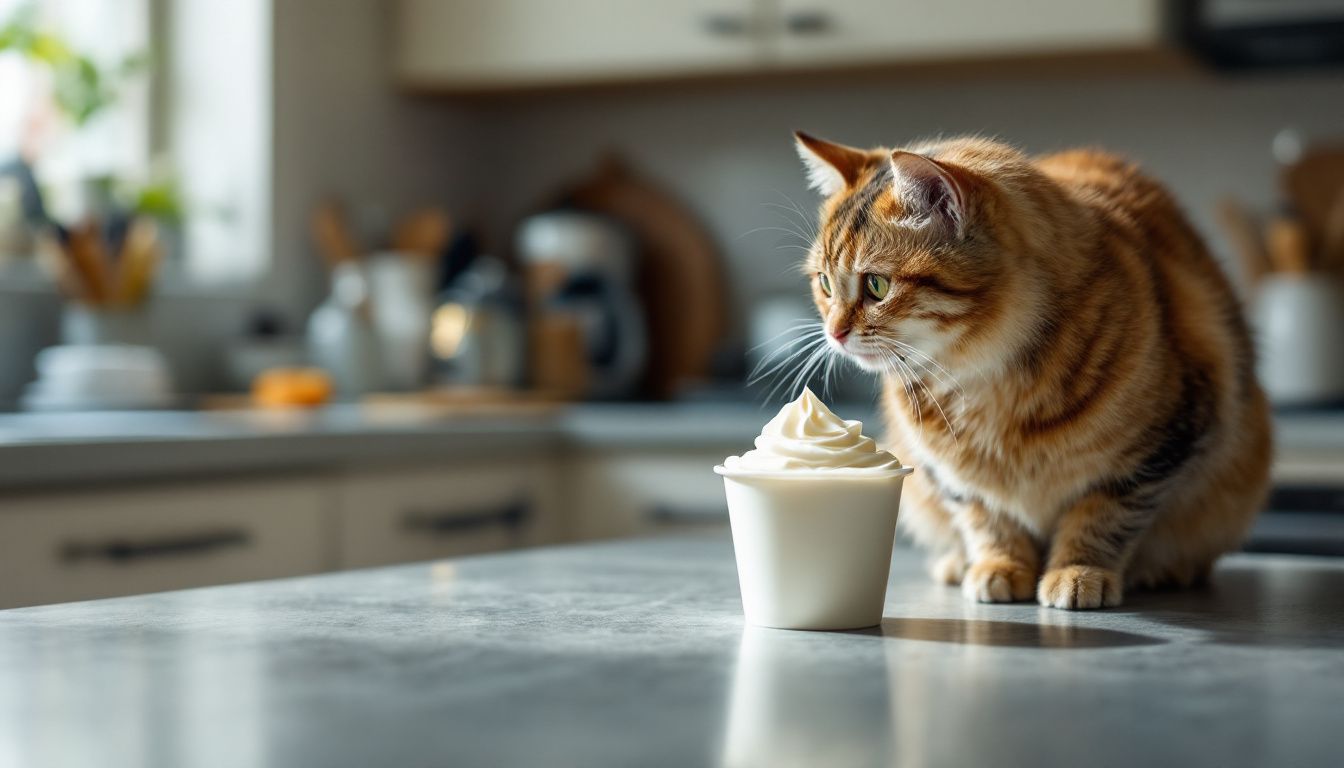 Een nieuwsgierige kat kijkt naar een kopje slagroom op het aanrecht.