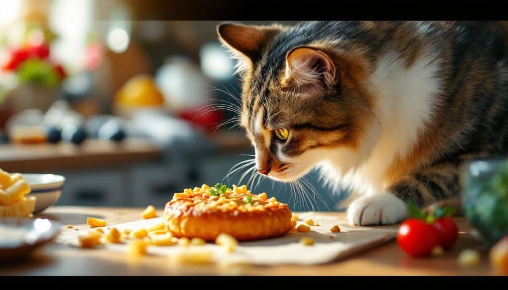 Een kat snuffelt aan een frikandel op het aanrecht.