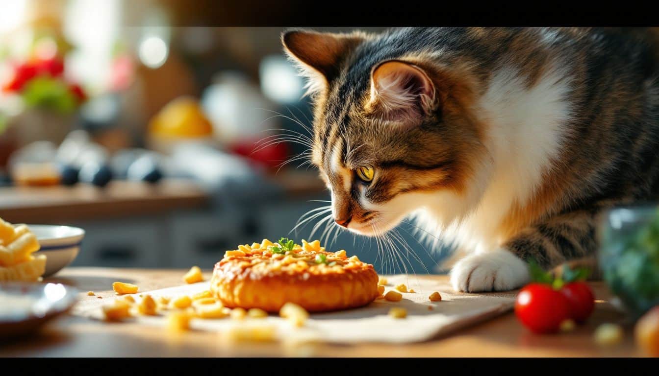 Een kat snuffelt aan een frikandel op het aanrecht.