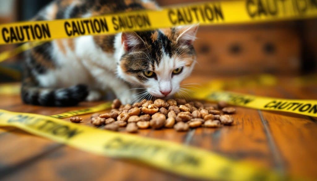 Een nieuwsgierige kat snuffelt aan een stapel walnoten op de vloer, afgezet met waarschuwingslint.
