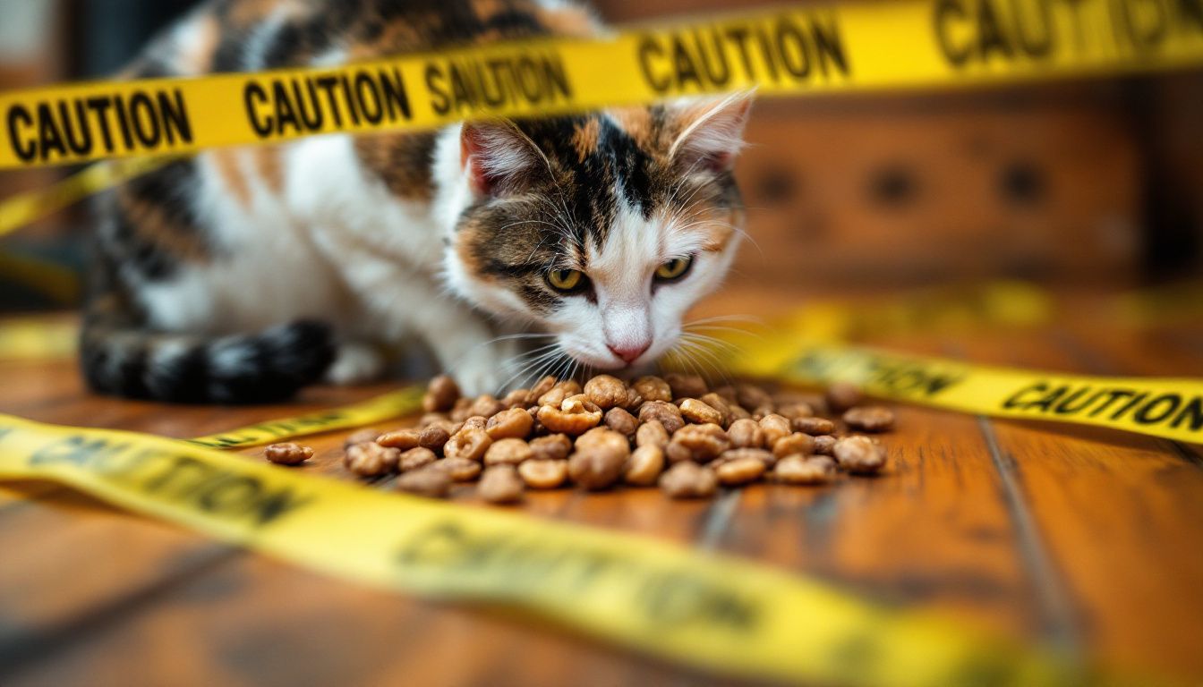 Een nieuwsgierige kat snuffelt aan een stapel walnoten op de vloer, afgezet met waarschuwingslint.