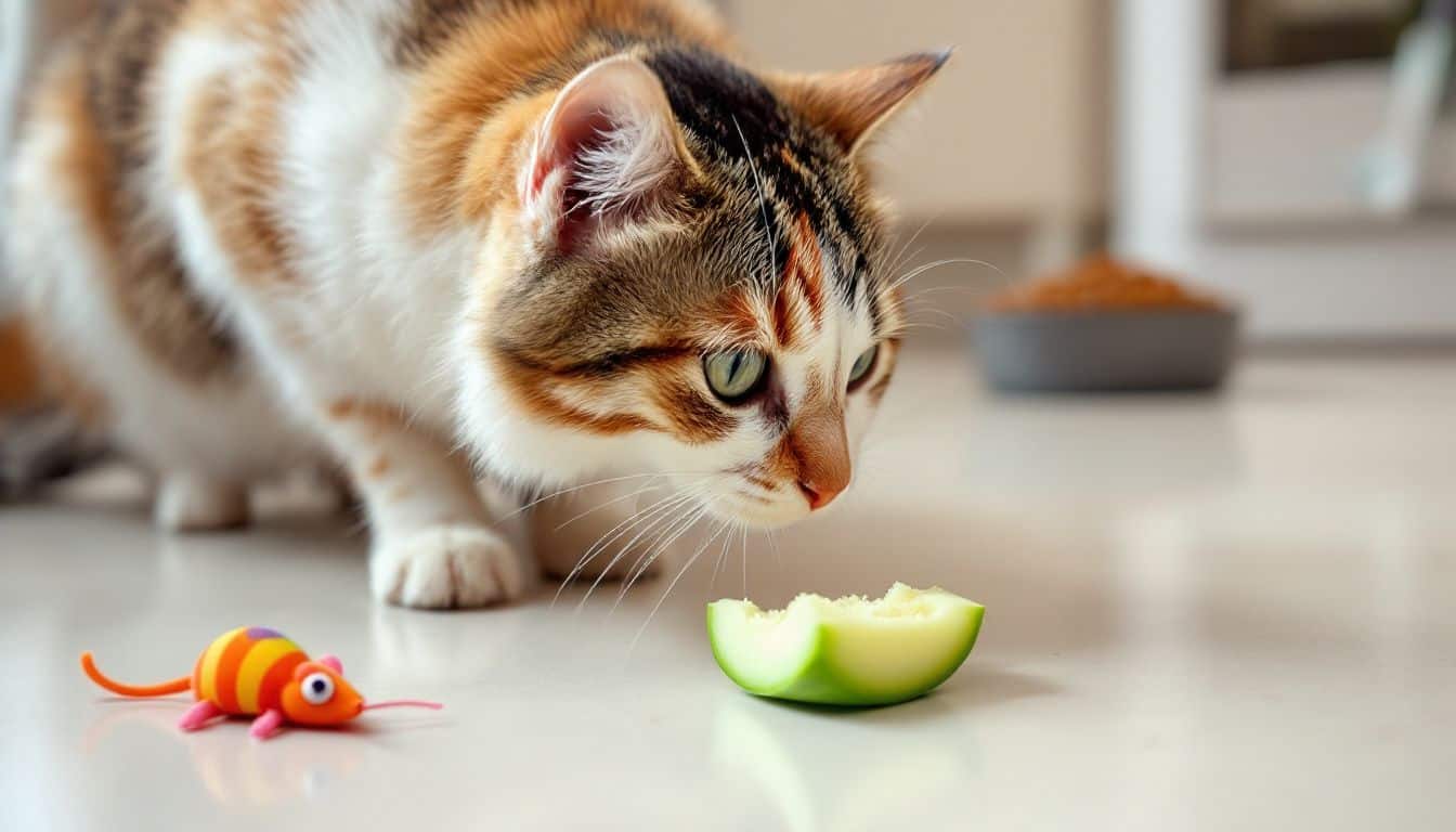 Een nieuwsgierige kat snuffelt aan een stuk Galia meloen in de keuken.