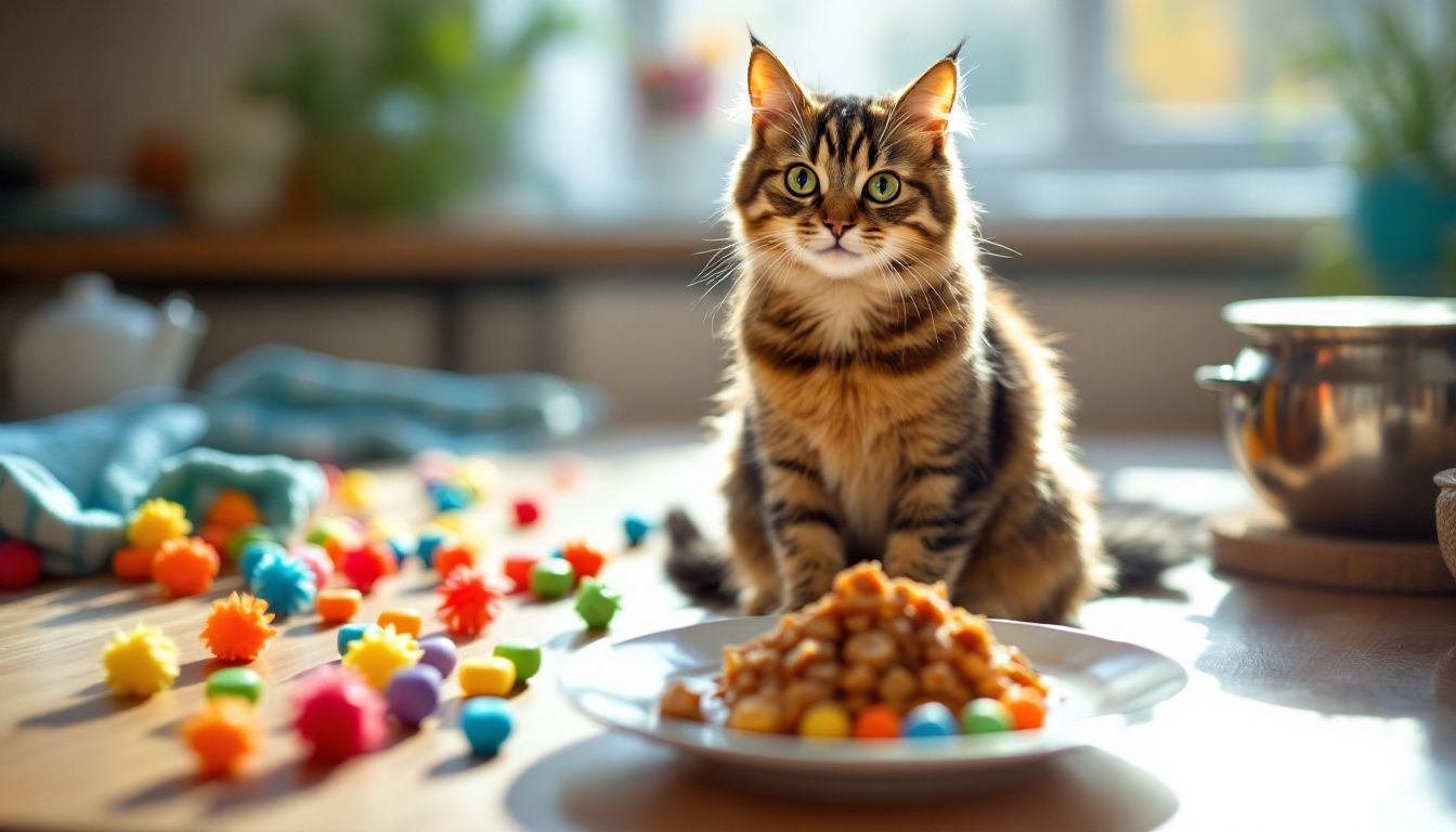 Een nieuwsgierige kat zit naast een bord tonijn in een gezellige keuken.
