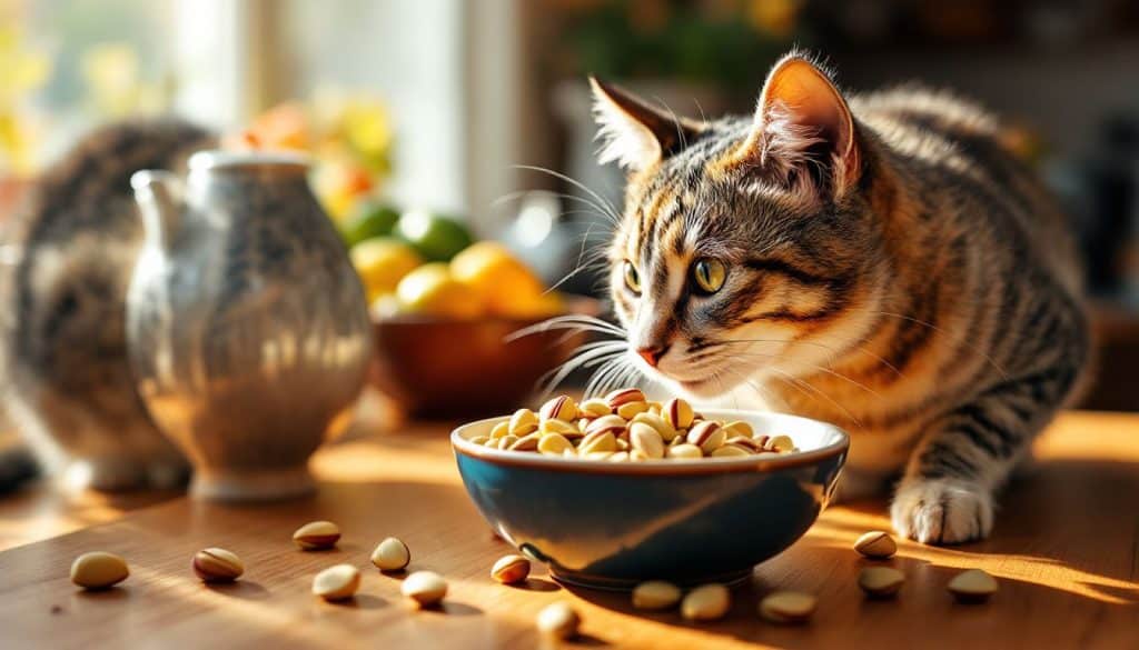 Een nieuwsgierige kat snuffelt aan een kom met pistachenoten op een houten keukenblad.