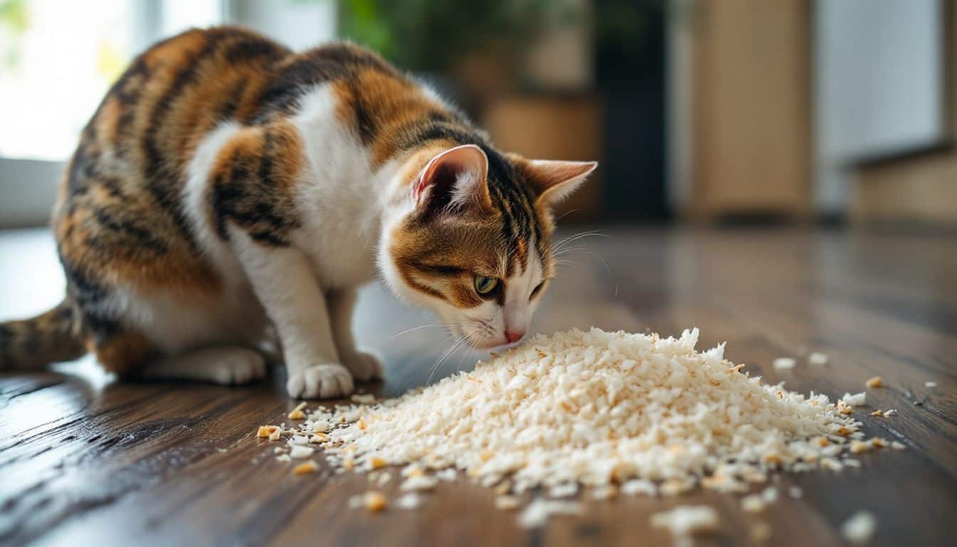Een huiskat snuffelt voorzichtig aan een stapel kokossnippers op de houten vloer.