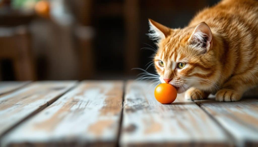 Een nieuwsgierige oranje kat snuift zachtjes aan een sinaasappel op tafel.