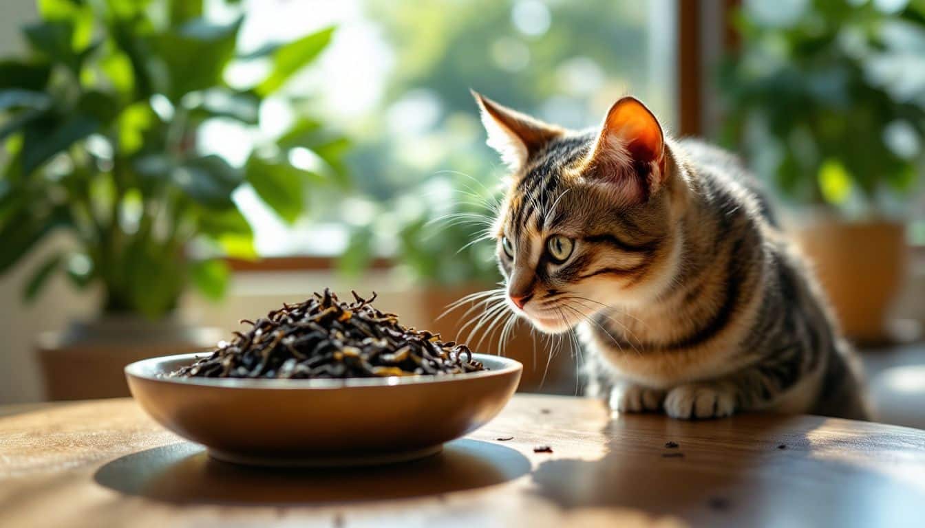 Een gezellige woonkamer met een nieuwsgierige kat en een kom zeewier.