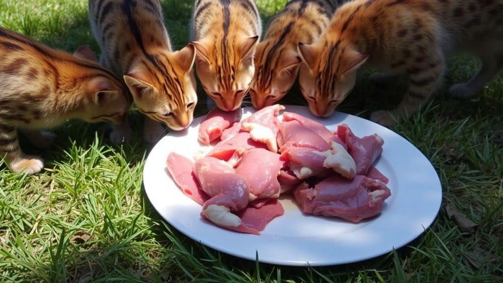 Wilde katten eten rauw vlees op grasveld.