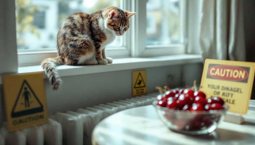 Een nieuwsgierige kat kijkt naar een kom met rijpe kersen.