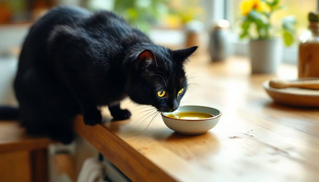 Een zwarte kat snuffelt aan een kom olijfolie op het aanrecht.