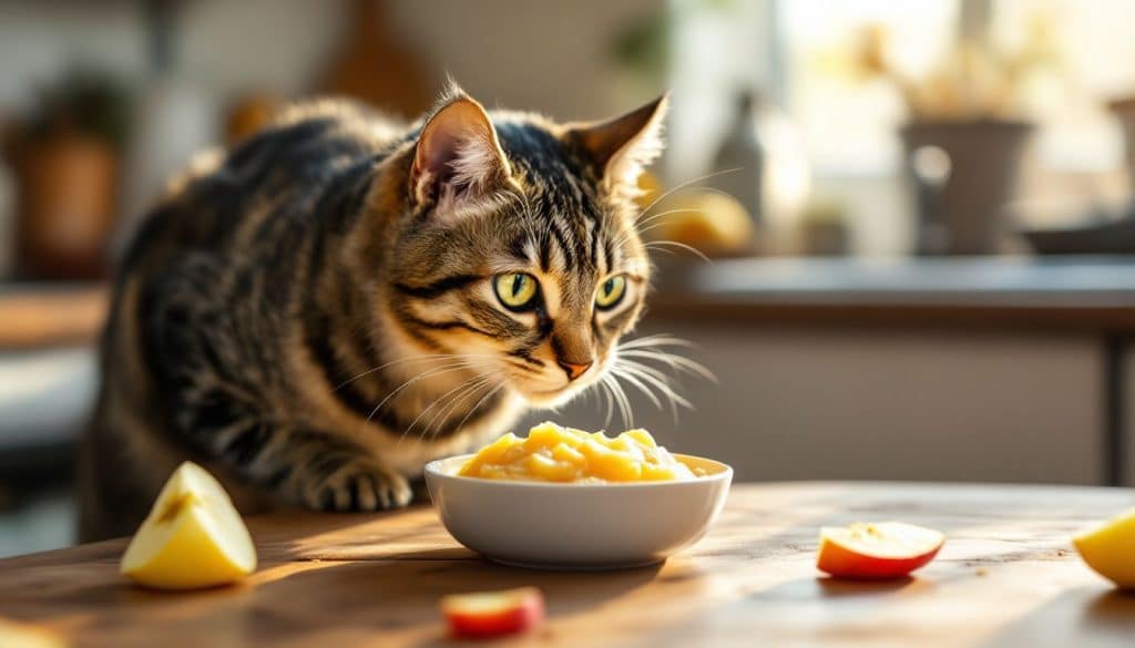 Een nieuwsgierige tabby kat snuffelt aan zelfgemaakte appelmoes in de keuken.