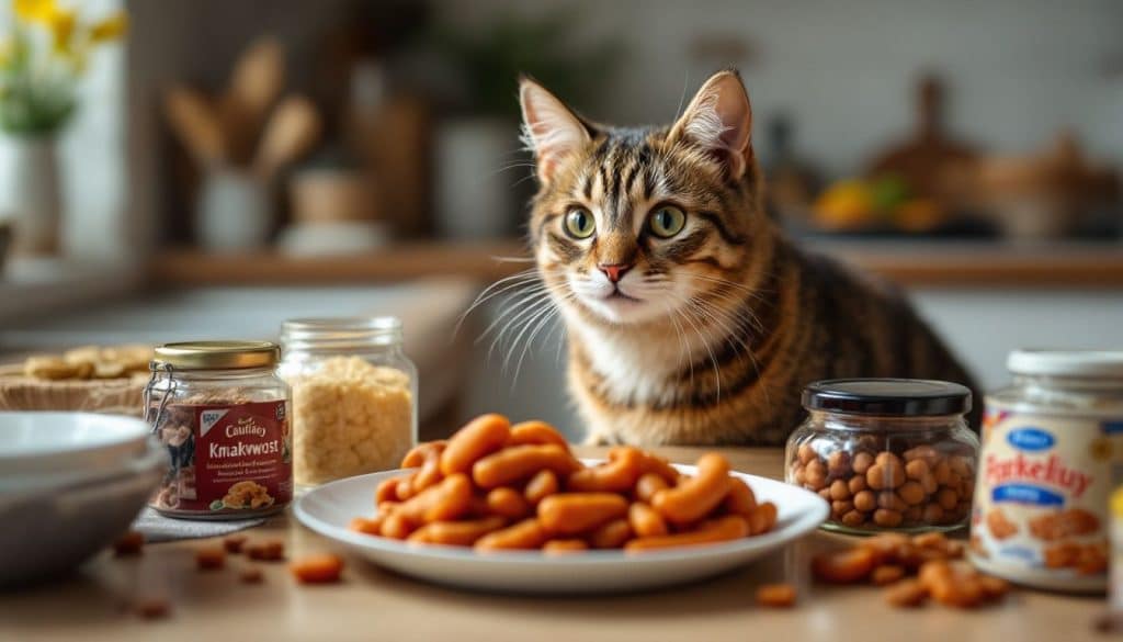 Een nieuwsgierige kat kijkt naar een bord knakworst in de keuken.