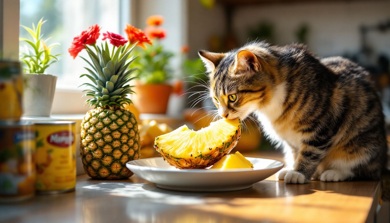 Een nieuwsgierige kat snuffelt aan een plakje ananas op een keukenblad.
