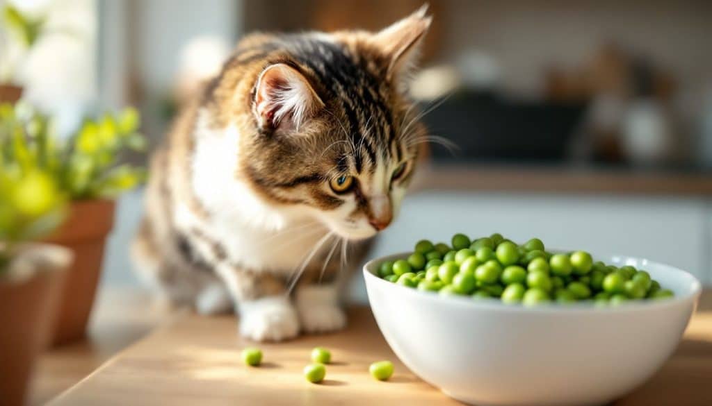 Een nieuwsgierige kat ruikt aan een kom met verse groene erwten.