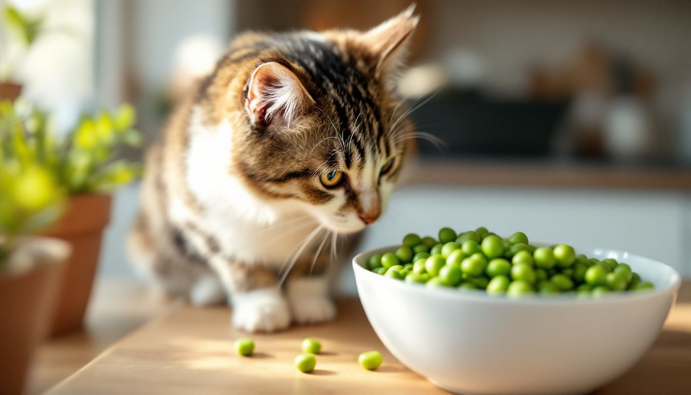 Een nieuwsgierige kat ruikt aan een kom met verse groene erwten.