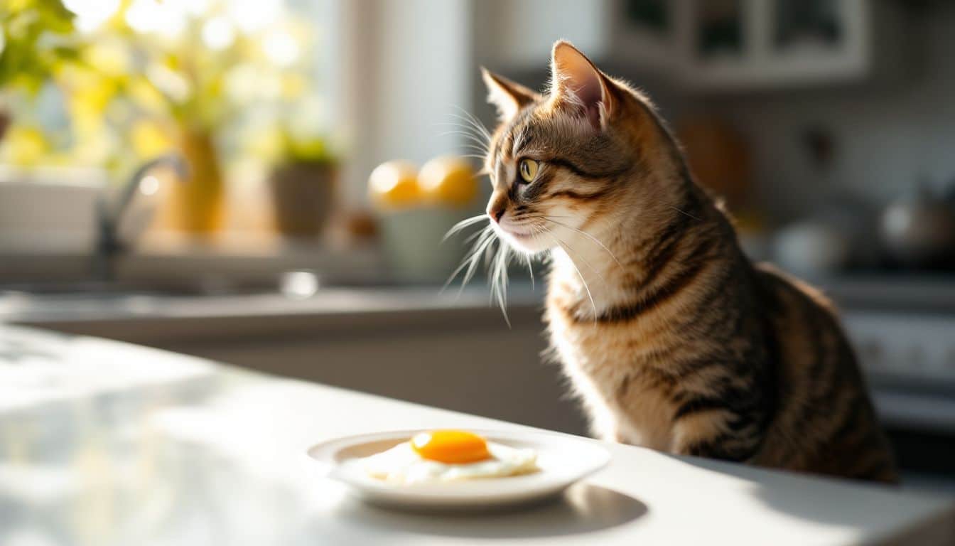 Een nieuwsgierige kat kijkt naar een stuk gebakken ei op een bord.