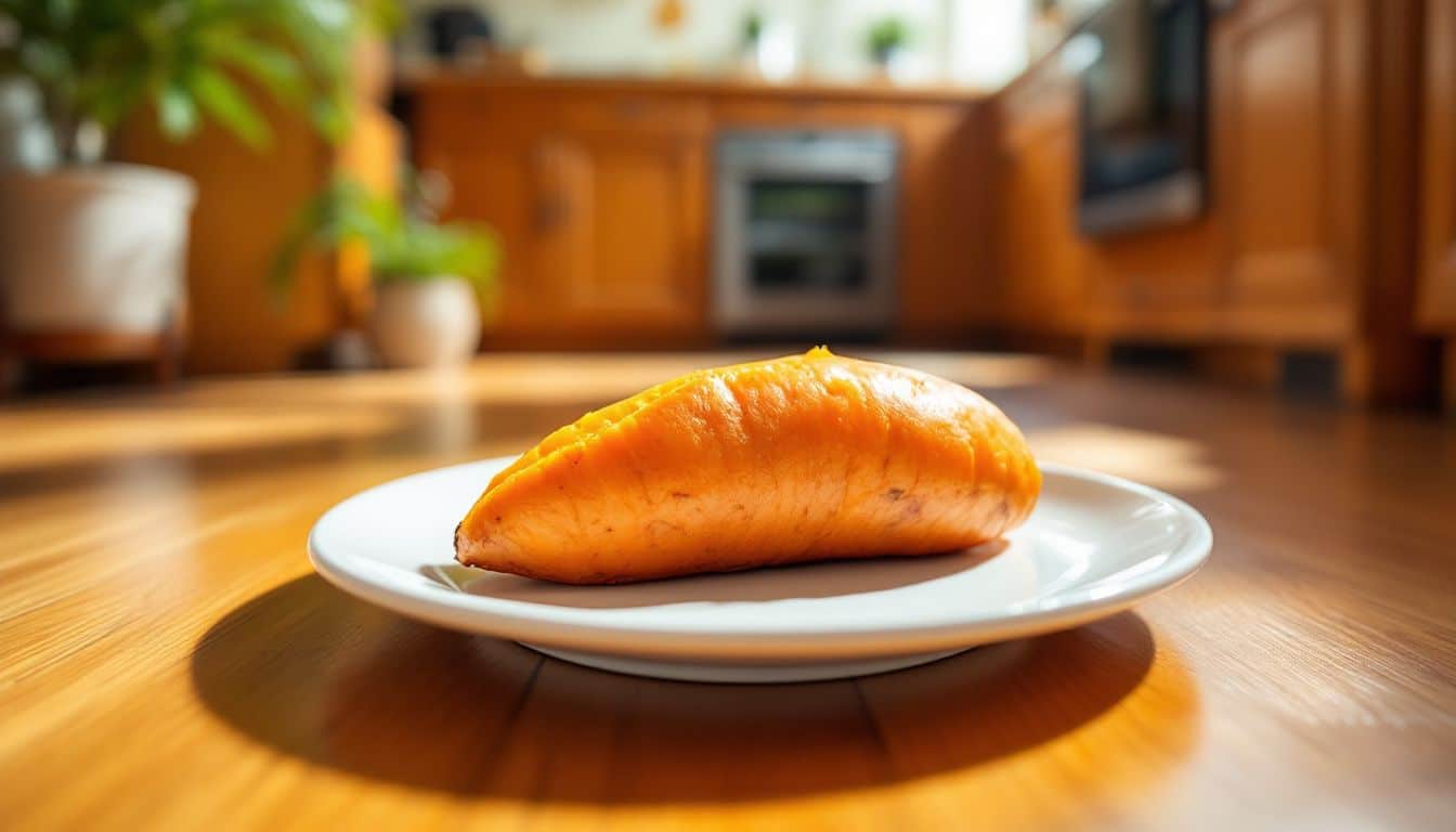 Een close-up foto van een gekookte zoete aardappel op een bord.