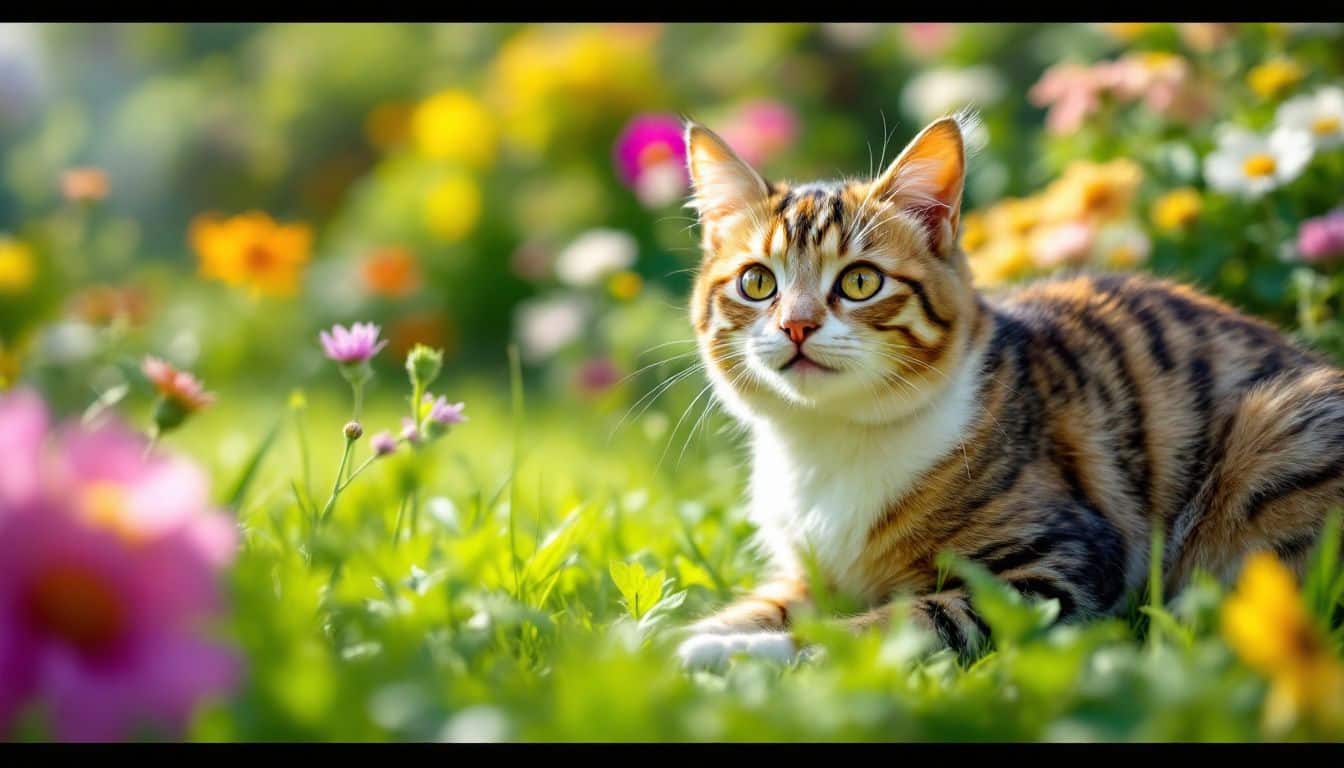Een nieuwsgierige kat knabbelt aan gras in een zonnige tuin.