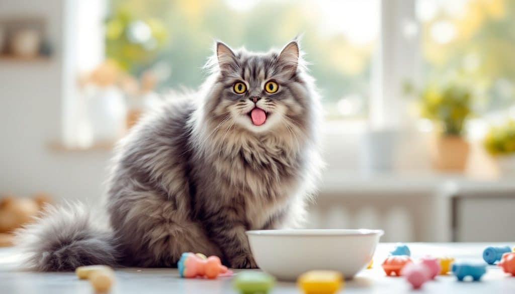 Een grijze kat likt zachtjes aan ijs in een zonnige keuken.