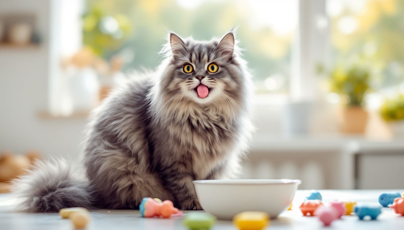 Een grijze kat likt zachtjes aan ijs in een zonnige keuken.