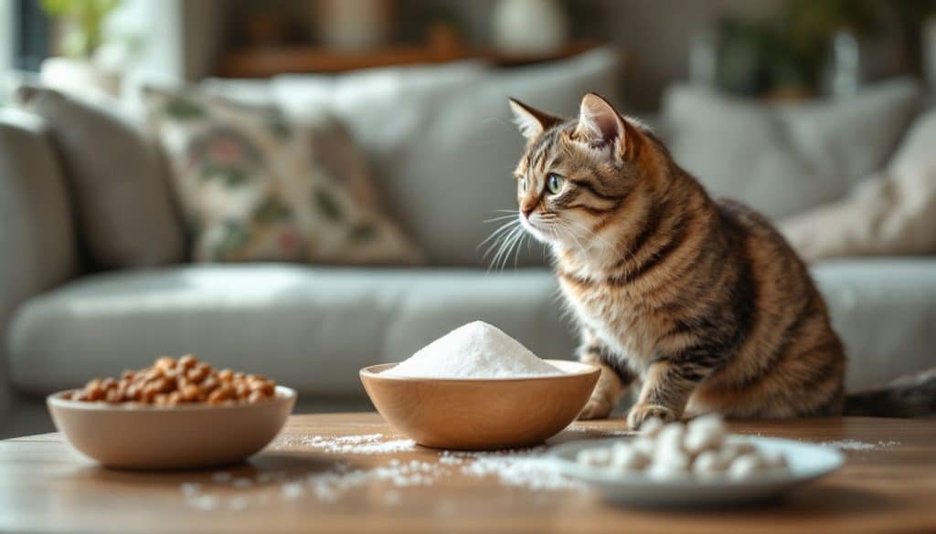 Een kat kijkt nieuwsgierig naar een kom suiker in de woonkamer.