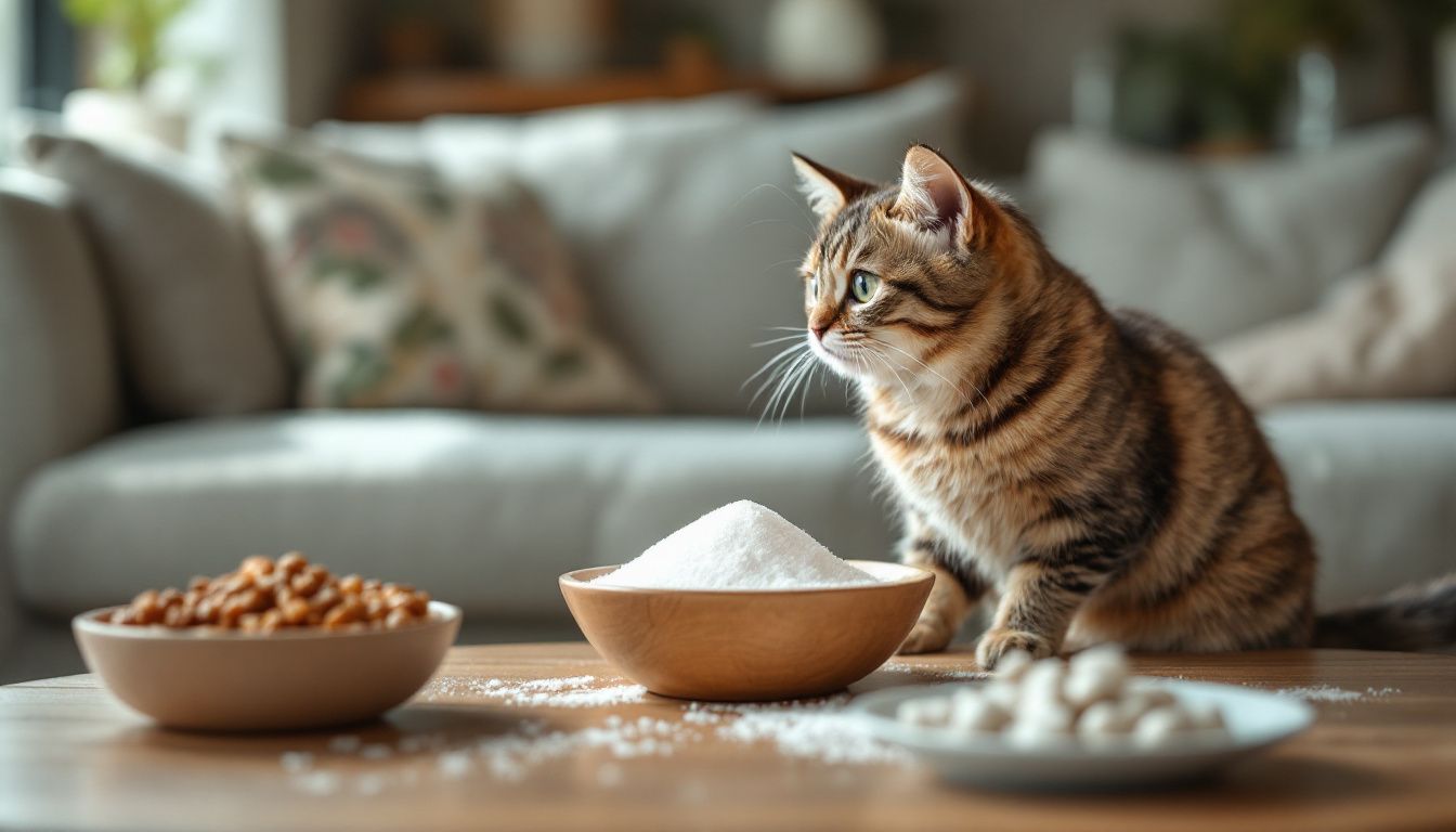Een kat kijkt nieuwsgierig naar een kom suiker in de woonkamer.