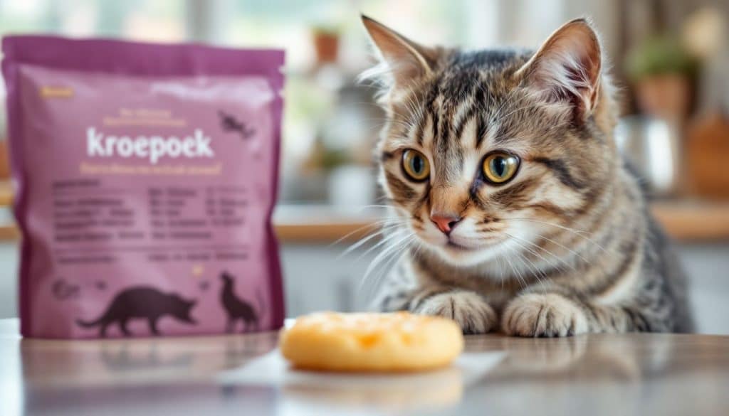 Een nieuwsgierige kat kijkt naar kroepoek op keukenblad.