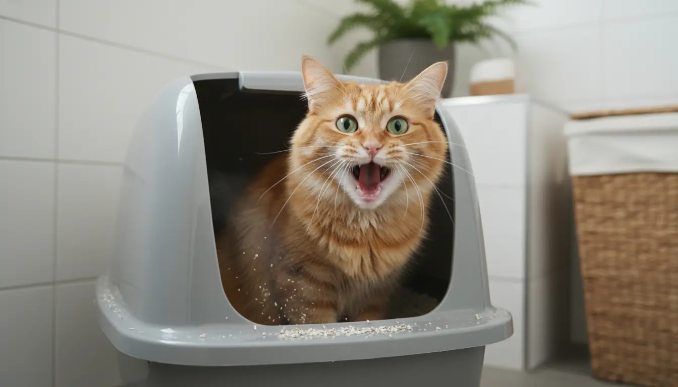 kat miauwt op kattenbak