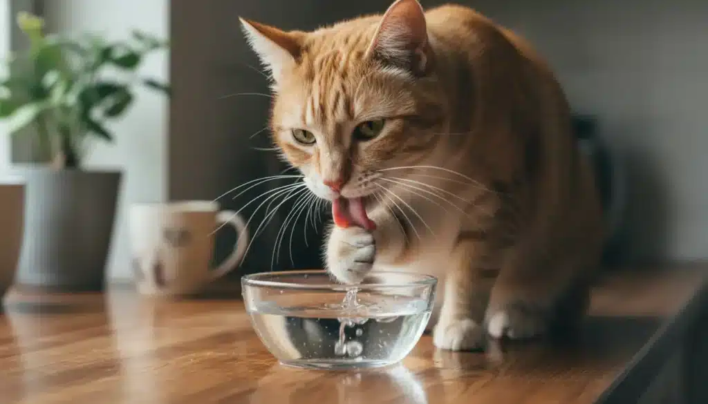 kat drinkt water met poot