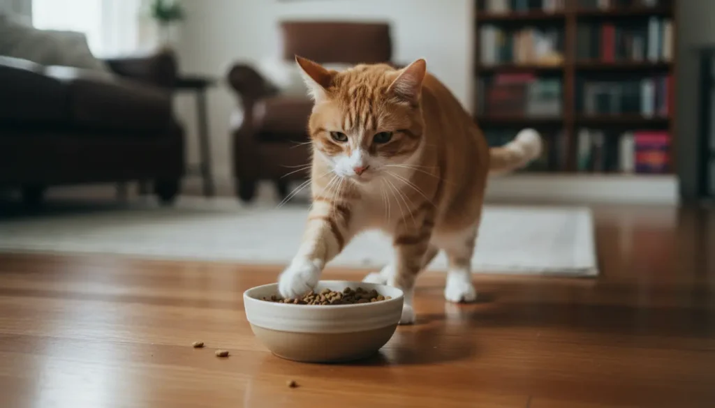 kat veegt met poot bij eten